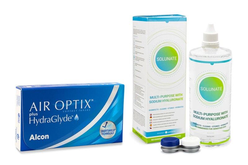 Air Optix contact lenses Air Optix Plus Hydraglyde (6 lenses) +Solunate Multi-Purpose 400 ml with case