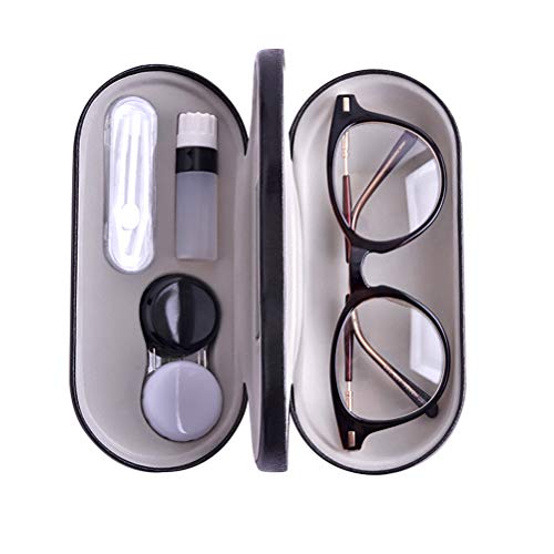 Calayu Dual use brillenkoker, etui voor brillen en contactlenzen, brillenkoker, contactlenzenkoker met ingebouwde spiegel, zwart, 15.8*7.4*5.0cm