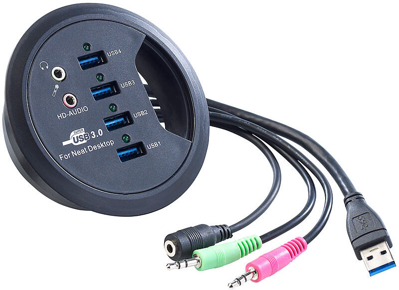 Xystec Tisch-Kabeldose 80mm mit 4-Port-USB-3.0-Hub und Audioanschluss