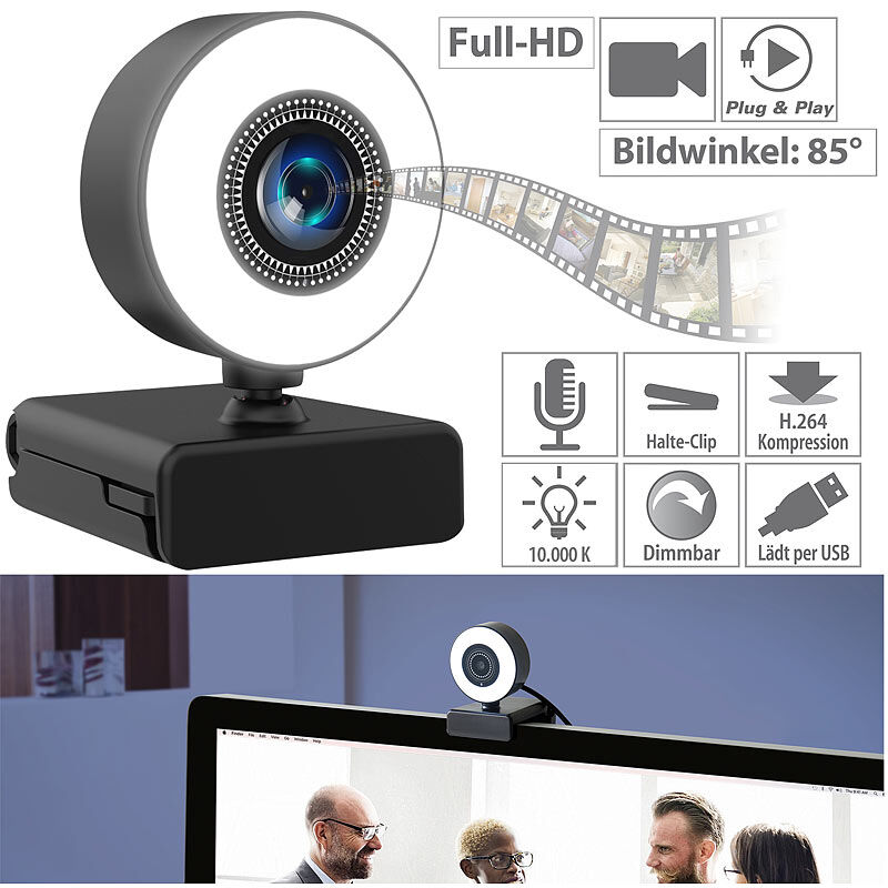 Somikon Full-HD-USB-Webcam mit LED-Ringlicht, Autofokus, Dual-Mikrofon, H.264