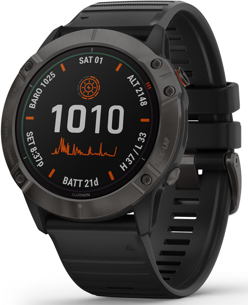 Garmin fenix 6X Pro Solar, karbongrå DLC-titan med sort rem GPS klokke for den aktive friluftsentusiast