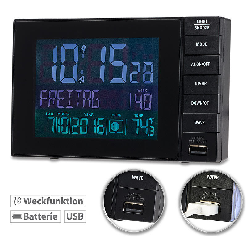 infactory Funkwecker mit Temperatur-Anzeige, USB-Ladestation (2 A), 2 Weckzeiten