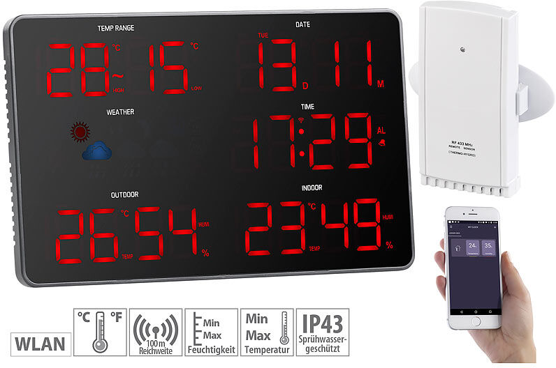 infactory Design-LED-Wetterstation mit WLAN, Außensensor, Wettersymbolen und App