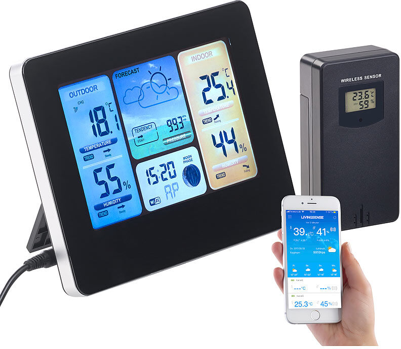 infactory WLAN-Funk-Wetterstation mit Außensensor, Farbdisplay, Uhr & Gratis-App