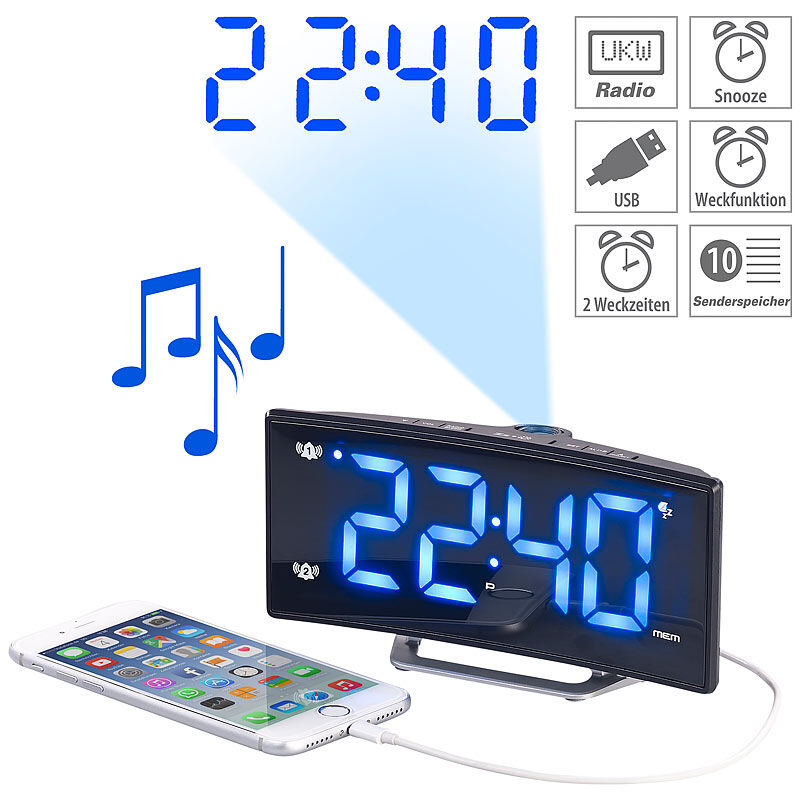 auvisio Projektions-Radiowecker mit Curved-Display, Dual-Alarm & USB-Ladeport