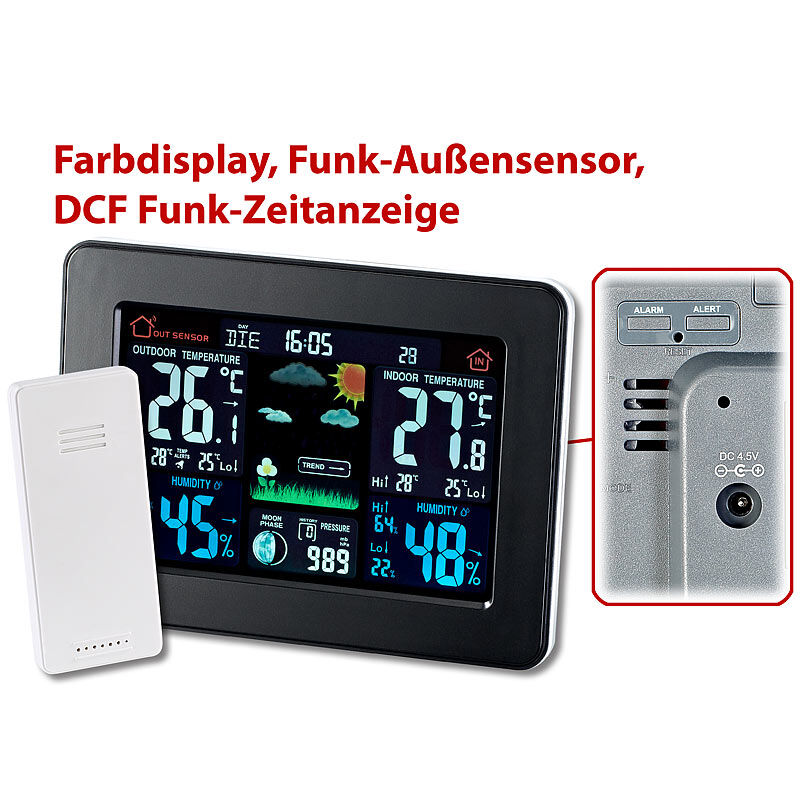 infactory Wetterstation mit Farb-Display, Funk-Außensensor, DCF-Funk-Zeitanzeige