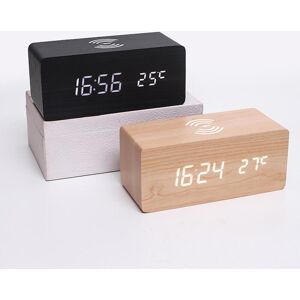 Tomtop Jms Digitaler Wecker Aus Holz, Elektronische Led-Zeitanzeige Für Schlafzimmer, 10 W, Kabelloses Laden, 3 Alarme