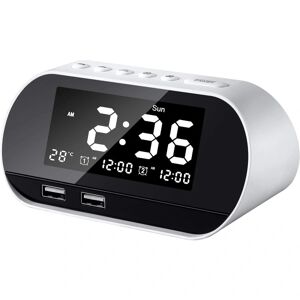 Clockradio med FM-radio, digitalt vækkeur, indendørstemperatur 6 niveauer lysstyrke 16 niveauer Volumen Justerbar, Dobbelt USB-porte Hvid