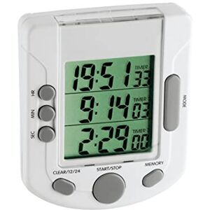 TFA Dostmann Triple Timer digitaler 3-fach Timer, 38.20.20, Stoppuhr, Uhrzeit, Zeit bis 19 h 59min 59sec, magnetisch, weiß, L 71 x B 25 x H 87 mm