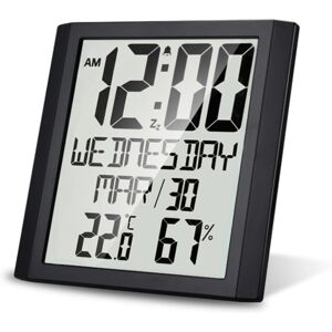 TOMTOP Horloge murale numérique avec température et humidité 8,6 '' Grand affichage heure / date / semaine Réveil et répétition ℃ / Therm Thermo-hygromètre intérieur sélectionnable Moniteur météo précis pour bureau à domicile (noir) - Publicité