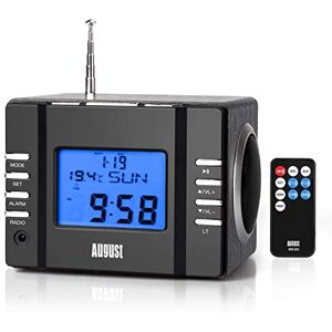 August Radio Réveil USB MP3 Numérique Matin  MB300 Poste Radio FM Haut-Parleur SD et Jack 3.5mm avec Batterie rechargeable ou Secteur 220v Télécommande Timer Température Bois Noir - Publicité