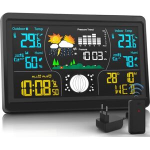 Xmifer Station Météo Thermomètre Extérieur Intérieur sans fil avec Capteur, Écran HD couleur 7IN Prévisions météo, Moniteur d'humidité de la Température avec réveil Calendrier, Noir - Publicité