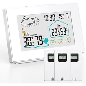 Quntis Station Météo sans Fil de  avec 3 Capteurs Extérieurs Thermomètre Hygromètre Numérique Intérieur et Extérieur Station Météo Sans Fil Multifonction avec Affichage de l'heure Réveil Météo blanc - Publicité