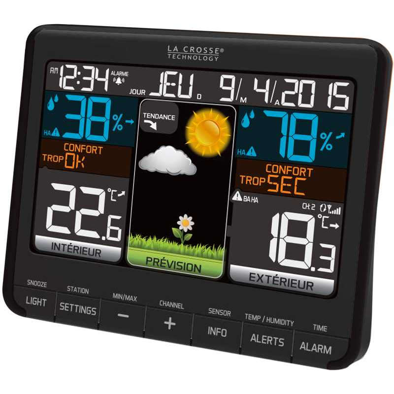 LA CROSSE TECHNOLOGY Station Météo   Thermo/hygro LCD Couleur, alarmes, prise USB et 3 canaux LA CROSSE TECHNOLOGY WS6825