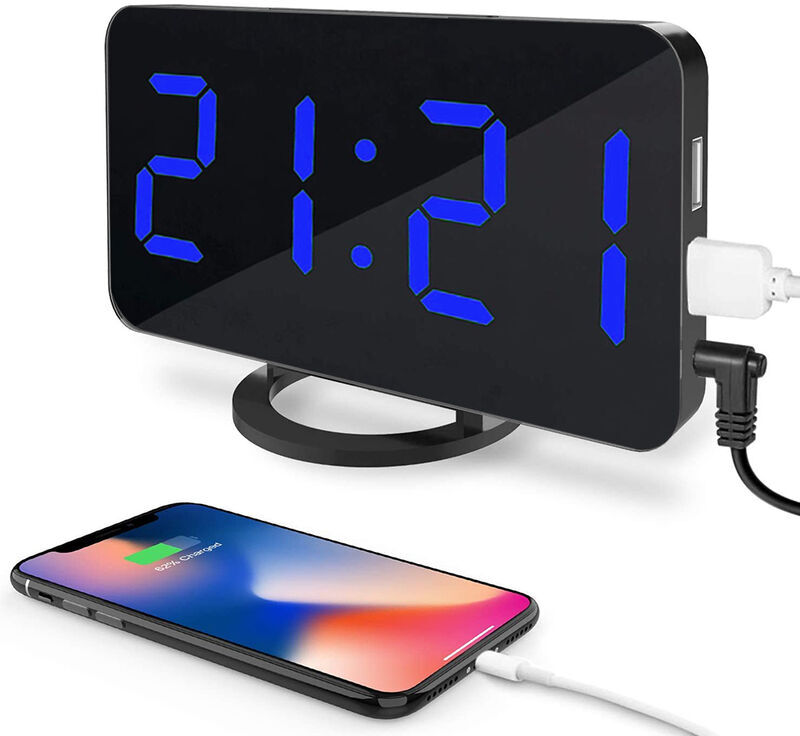 PESCE Digital Alarm Clock, Large led Display with Dual usb Charger Ports Auto Dimmer Mode Easy Snooze Function, Modern Mirror Desk Wall Clock for Bedroom