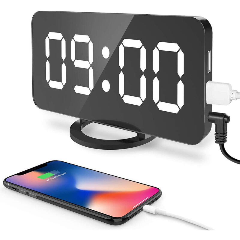 PESCE Digital Alarm Clock, Large led Display with Dual usb Charger Ports Auto Dimmer Mode Easy Snooze Function, Modern Mirror Desk Wall Clock for Bedroom