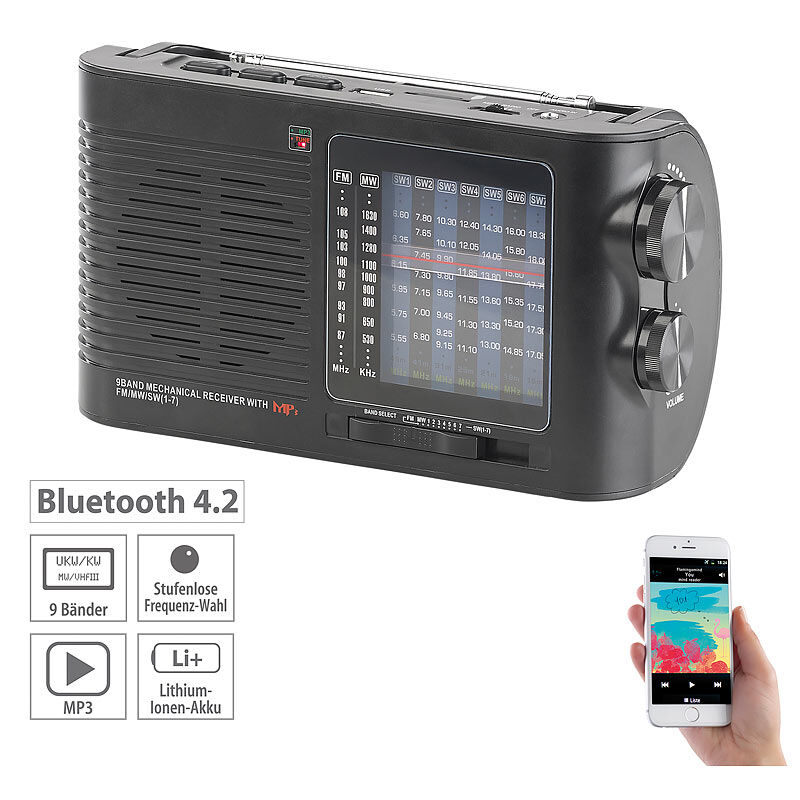 auvisio Analoger 9-Band-Weltempfänger mit Bluetooth, USB, SD, AUX und Akku