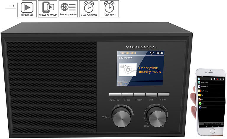 VR-Radio WLAN-Internetradio mit 2 Weckzeiten, Farbdisplay, Holzgehäuse, 6 Watt