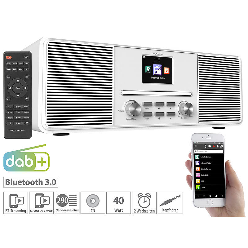 VR-Radio Stereo-Internetradio mit CD-Player, DAB+/FM & Bluetooth, 40 Watt, weiß