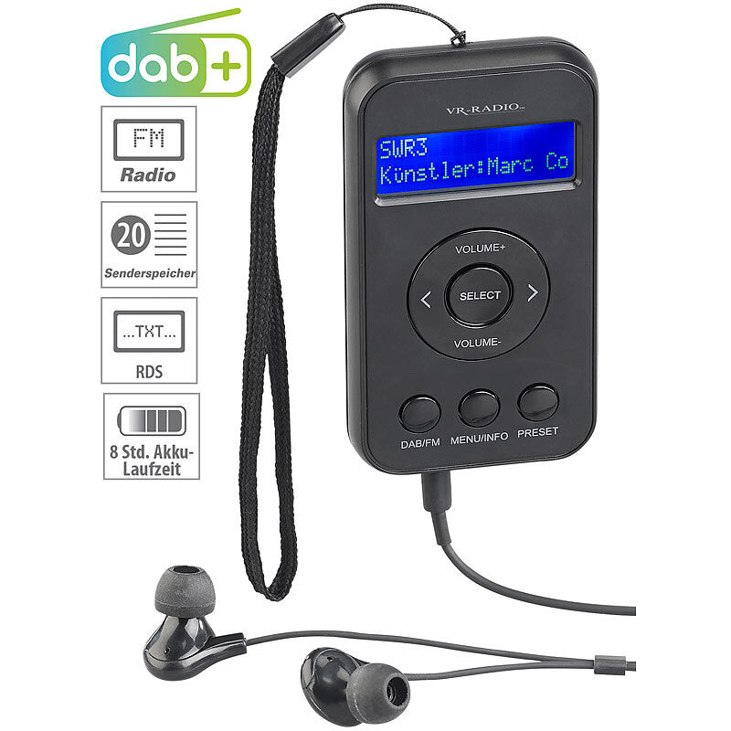 VR-Radio Digitales Taschenradio mit DAB+/FM, Akku, LCD-Display, DRC & Ohrhörern