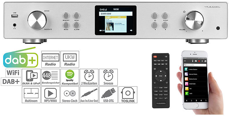 VR-Radio Digitaler WLAN-HiFi-Tuner mit Internetradio, DAB+, UKW, MP3, Alu-Optik