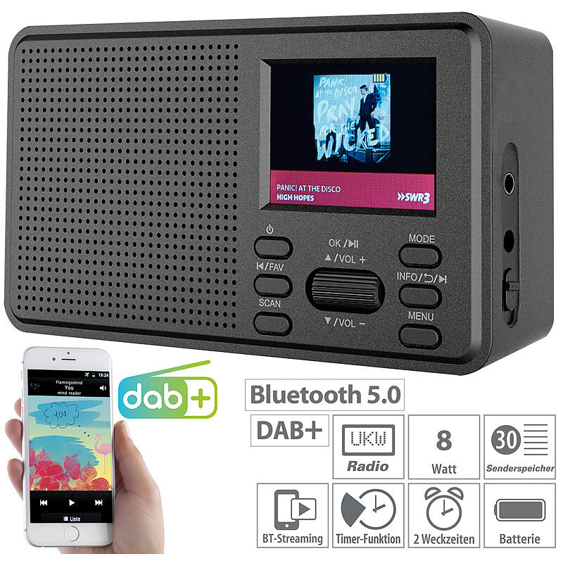 VR-Radio Mobiles Digitalradio mit DAB+ und UKW, LCD-Farbdisplay, Wecker, 8 Watt