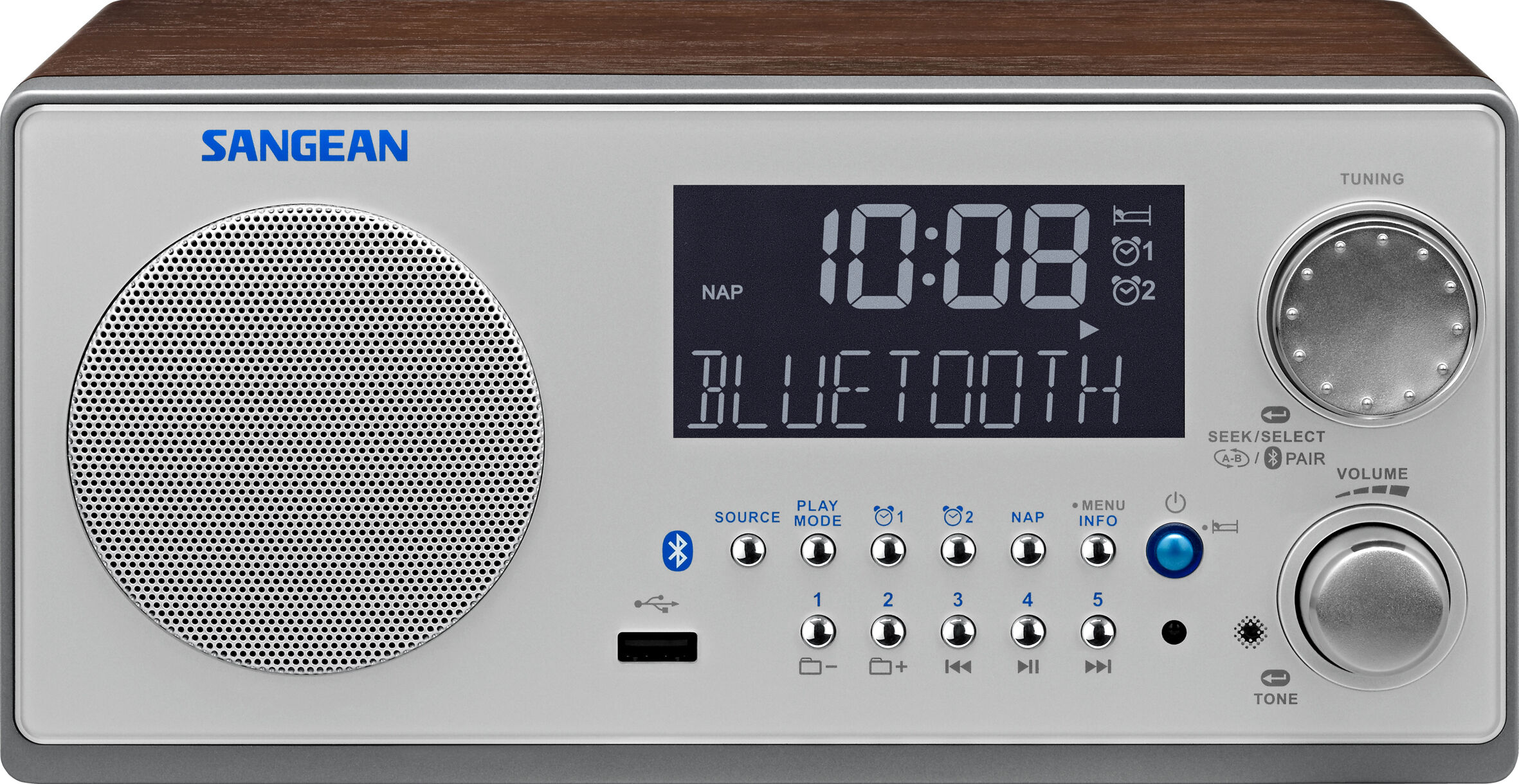 Sangean WR-22, houten cabinet radio, USB, BT, walnoot