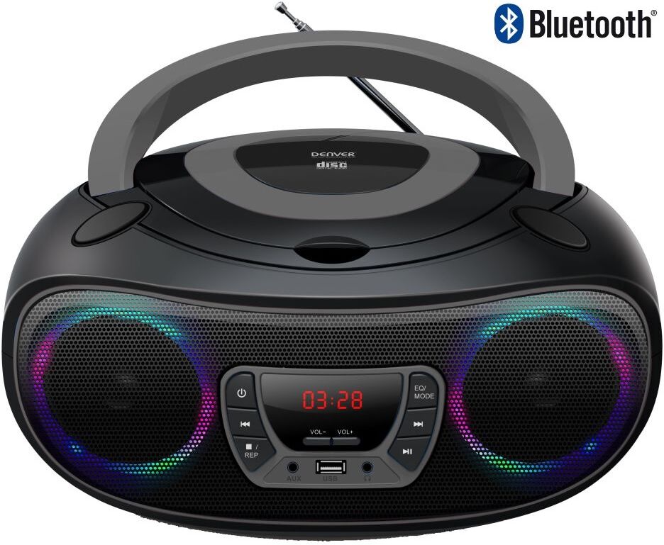 Denver Rádio Fm 2x 2w C/ Mp3/cd/usb/bluetooth/aux + Efeitos Led (preto) - Denver