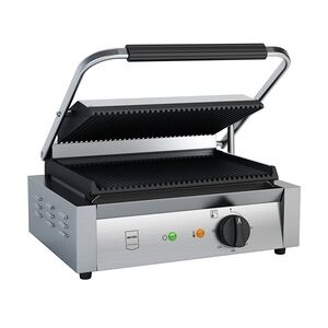 Metro Professional Kontaktgrill Single GPG1201, Edelstahl, 43 x 36 x 20 cm, geriffelt, mit Fettauffangschale, silber