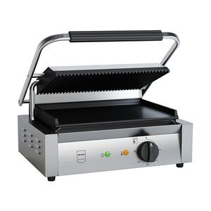 Metro Professional Kontaktgrill Single GPG1202, Edelstahl, 43 x 36 x 20 cm, mit Fettauffangschale, inkl. Bürste, silber