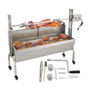 VEVOR Rotisserie-Grill, Edelstahl, Schweinelamm, Haubenbräter, 127 cm, elektrischer Holzkohlespieß, mit 40-W-Motor und höhenverstellbaren, feststellbaren Rollen, für Outdoor, Camping, Party, Grill