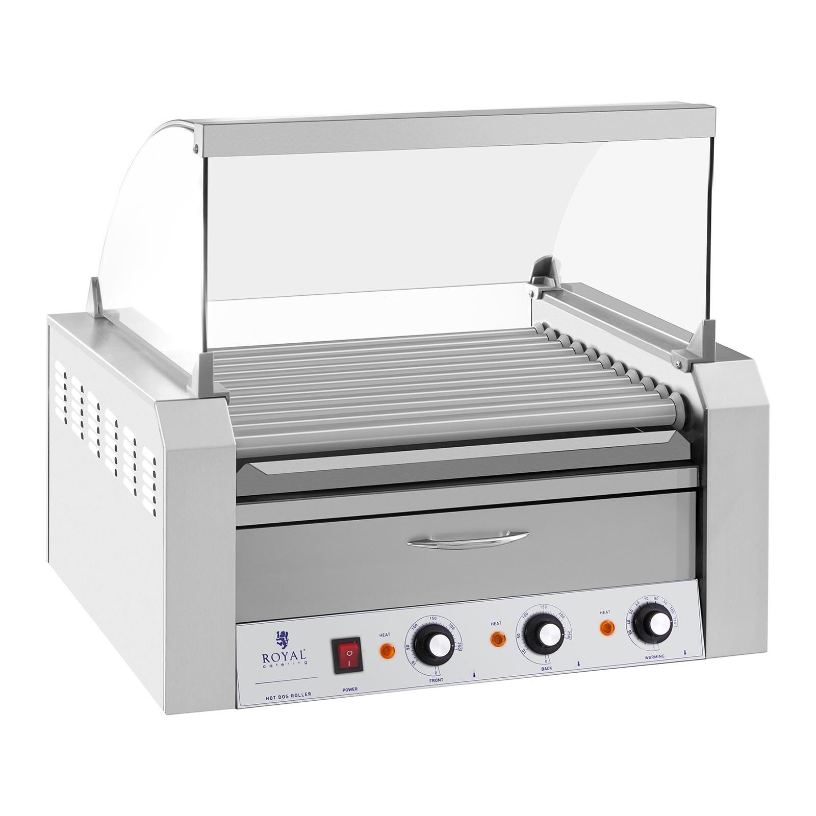 Royal Catering Hot Dog Grill - 11 Rollen - Wärmeschublade - Edelstahl 10010467