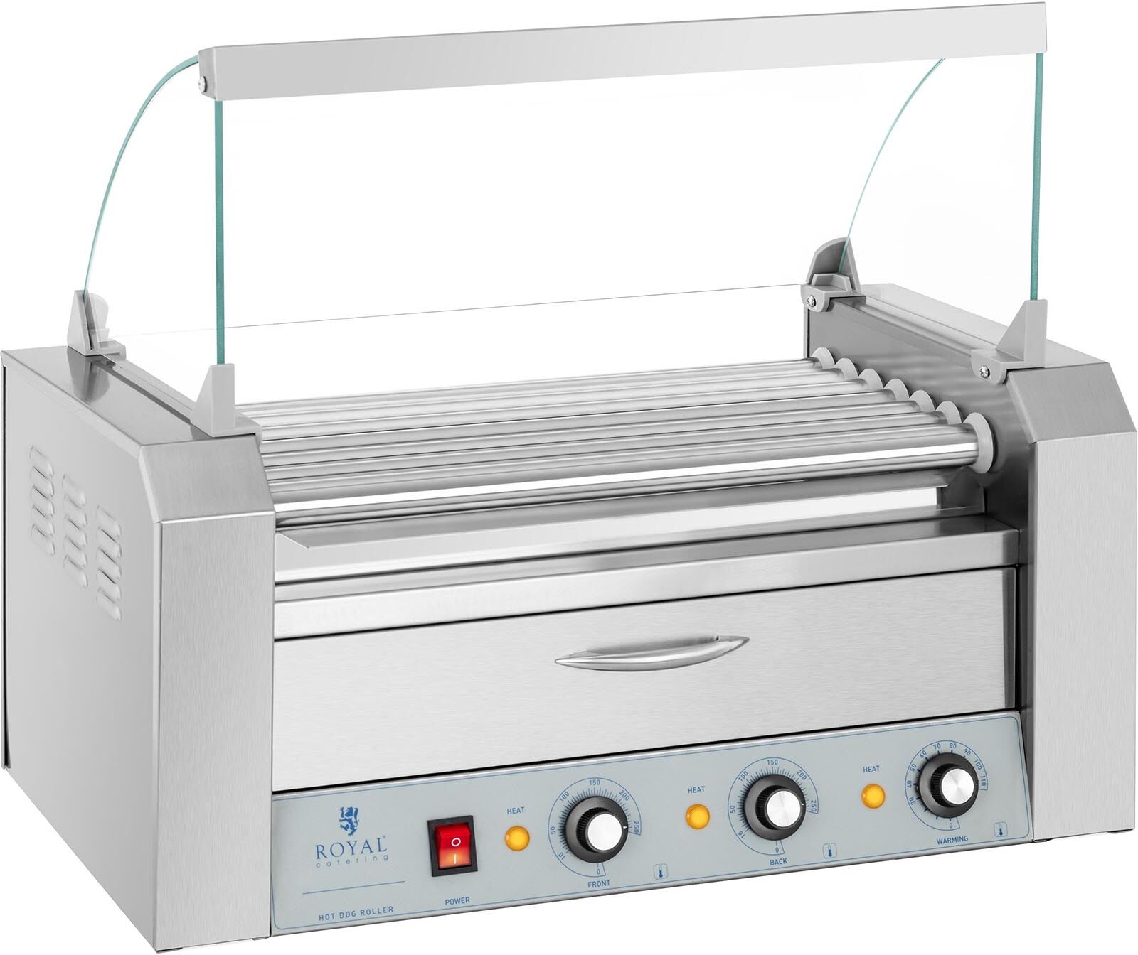 Royal Catering Hot Dog Grill - 7 rollers - warming drawer - stainless steel RC-RG7DC