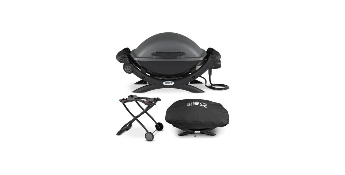 Weber Q 1400 Electric Grill (Black) with Portable Cart and Grill Cover - Black