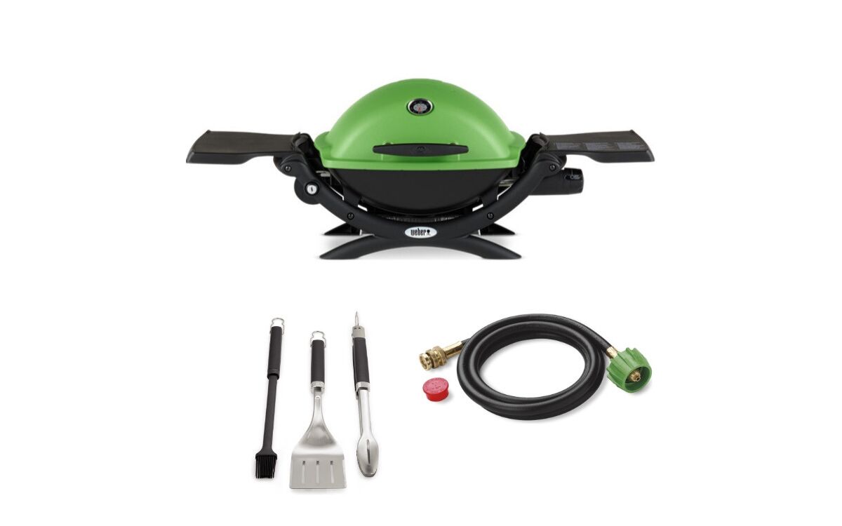 Weber Q 1200 Gas Grill (Green) With Adapter Hose And 3-Piece Grill Set - Green