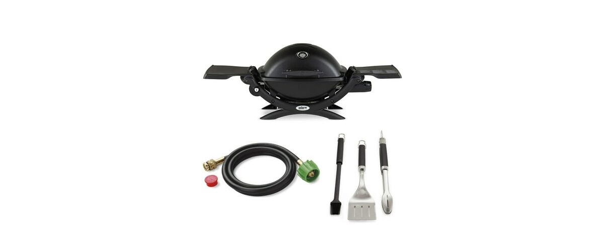 Weber Q 1200 Gas Grill (Black) With Adapter Hose And 3-Piece Grilling Tool Set - Black