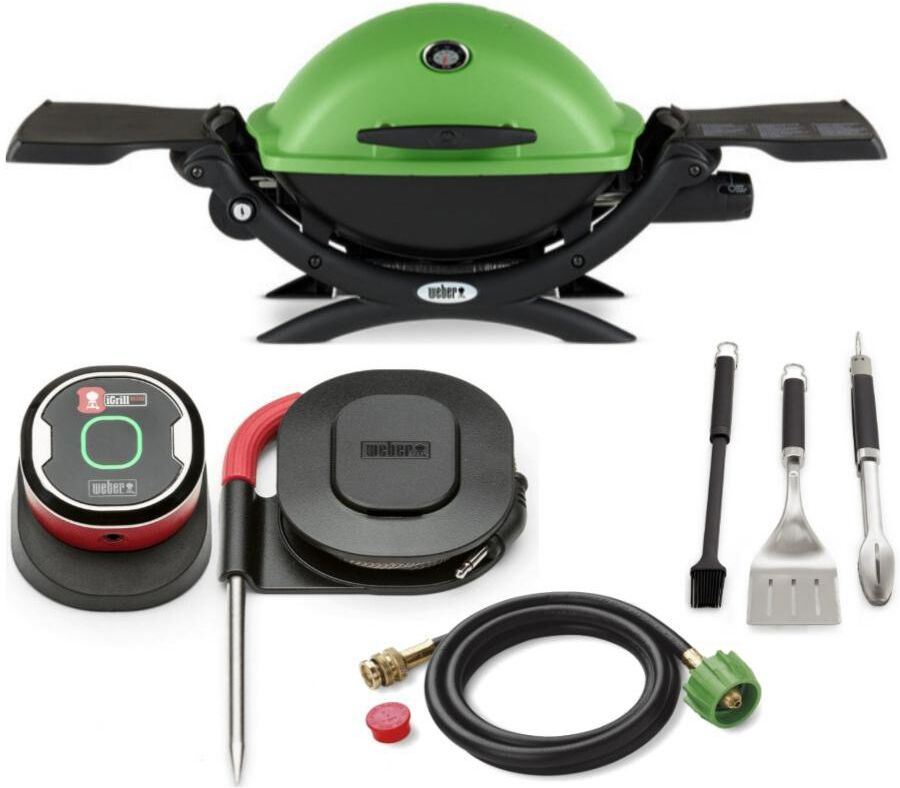 Weber Q 1200 Gas Grill (Green) With Adapter Hose, Thermometer And Tool - Green