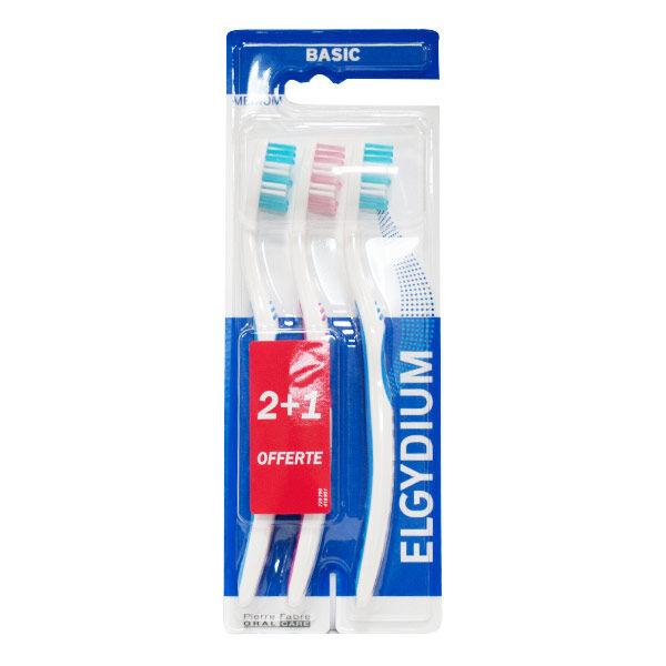 Elgydium Brosse à Dents Basic Médium Lot de 2 + 1 Offerte