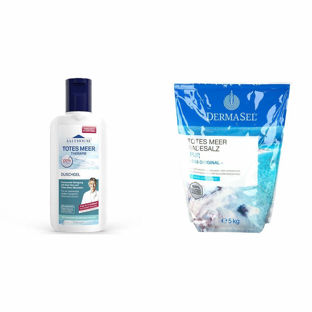 Diverse Dermasel® Totes Meer Badesalz Pur + Salthouse® Totes Meer Therapie Duschgel