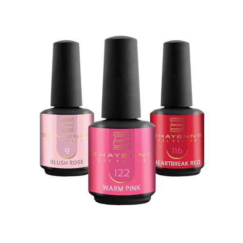 Shayenne Uv-nagellakset, Made in Germany, 3 stuks, 9 Blush Rose Pink 15 ml, 122 warm roze, 15 ml, 116 Heartbreak rood rood, 15 ml, gellak, nagellak, nagellak, nagellak, nagellak, Shellac