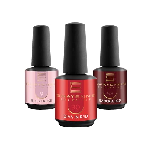 Shayenne Uv-nagellakset, Made in Germany, 3 stuks, 9 Blush Rose Pink 15 ml, 30 Diva in rood rood 15 ml, 58 Sangria Red, 15 ml gellak, gellak, nagellak, nagellak, nagellak, Shellac