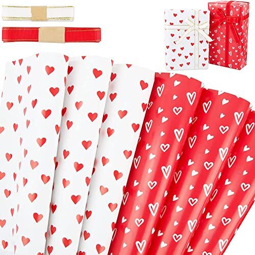 Hduacuge Set van 6 vellen liefdeshart inpakpapier, huwelijksverjaardagscadeau voor Valentijnsdag, 70 cm x 50 cm