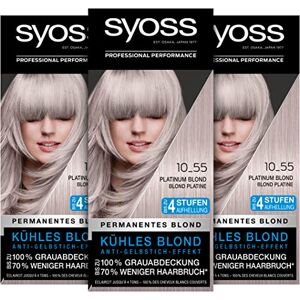 Syoss Color Coloration 10_55 Platinum Blond Aufheller Stufe 3 (3 x 115 ml), Haarfarbe mit Anti-Gelbstich-Effekt für kühles Blond, 70 % weniger Haarbruch