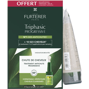 René Furterer Triphasic Progressive Traitement Antichute 8 x 5,5ml + Shampoing Stimulant 100ml Offert - Publicité