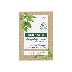 Klorane Ortie - Shampoing Masque Lavant Absorbant 2 en 1 à la Poudre d'Ortie Bio – Cuir Chevelu Gras 24 g - Etui 8 sachets de 3 g - Publicité