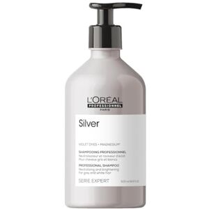 L'Oréal Professionnel , Shampoing Violet Déjaunissant & Raviveur d'Éclat, Cheveux Blancs ou Gris, Elimine les Reflets Jaunes et Cuivrés, Apporte Douceur & Brillance, Silver, Serie Expert, 500ml - Publicité