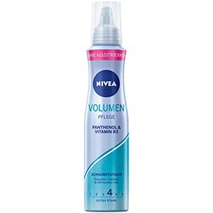 NIVEA Mousse de soin de volume extra forte (150 ml), mousse capillaire nourrissante avec protection thermique, panthénol et vitamine B3, fixateur pour plus de volume visible (u de maintien 4) - Publicité