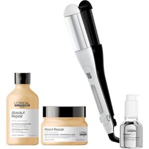 L'Oréal Professionnel Steampod 4 Pack Absolut Repair pour Cheveux Secs Lisseur Boucleur Vapeur + Soin Thermoprotecteur + Shampoing + Masque, Réparation Instantanée de la Fibre, Trousse & Peignes, - Publicité