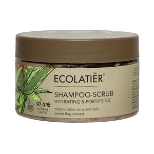 ECOLATIÈR Shampoo-Scrub hydratant et fortifiant à l'aloe vera bio ECOLATIER 300 ml – Certifié végétalien – 97,4 % d'origine naturelle – Nettoyant pour cuir chevelu et booster de cheveux Shampooing bio - Publicité