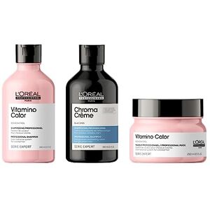 L'Oréal Professionnel L’Oréal Professionnel   Routines Chroma Crème Bleu x Vitamino Color Neutralisation de Reflets Oranges & Brillance Pour Cheveux Bruns Ternes & Abîmés. Fixation et Protection de la Couleur Trio - Publicité